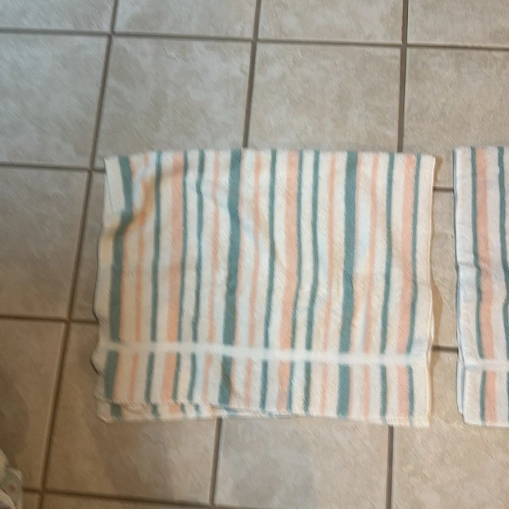 Pair of Caress Striped Vintage Towels in White, Peach, and Teal Cotton
